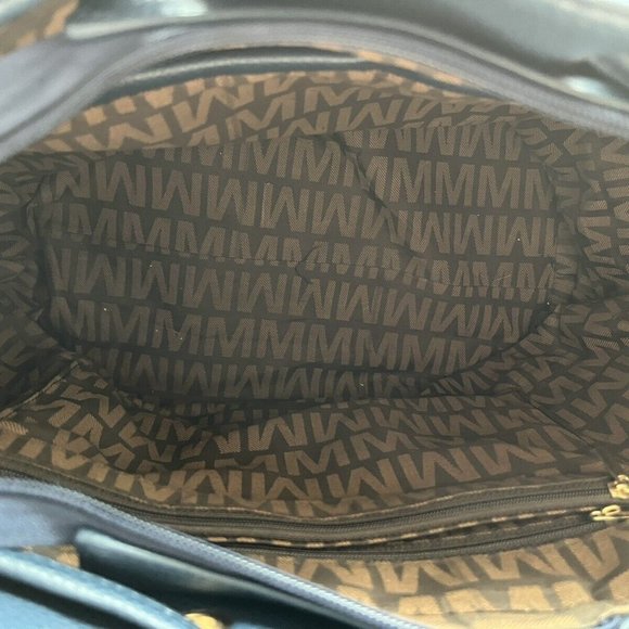 Milan Purse Shoulder Bucket Bag Navy Blue Canvas W/ Monogram White Double Handle - Picture 6 of 8